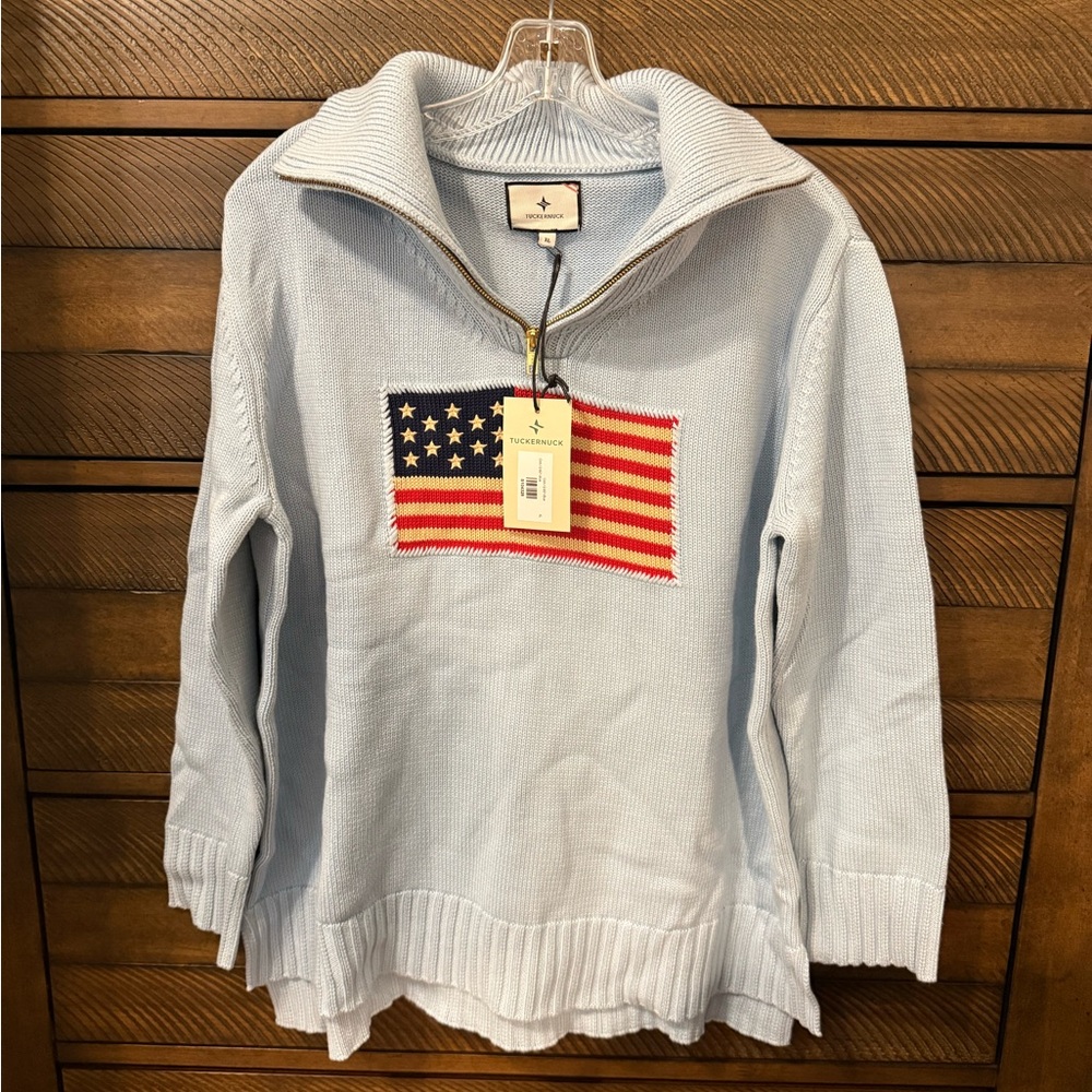 NWT Tuckernuck Americana Quarter Zip Light Blue Sweater with American Flag Patch